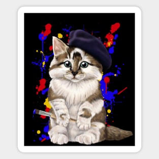 Artist cat - kitty in a beret with paintbrush Magnet